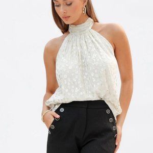 NWT Bishop And Young Moon Light Mile Esme Tie Neck Top In Cream Animal Print